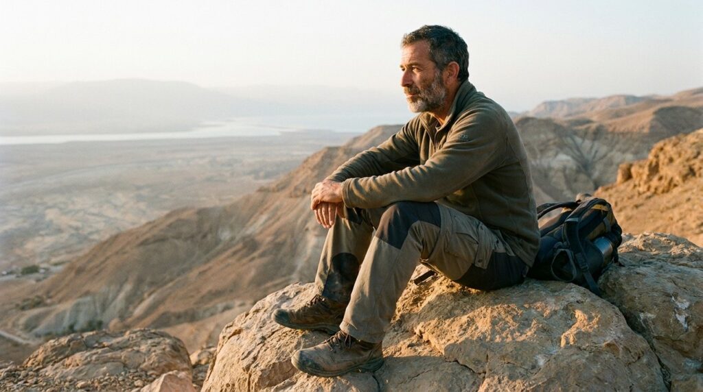 Israeli man in hiking clothes sitting on a rock, reflecting.