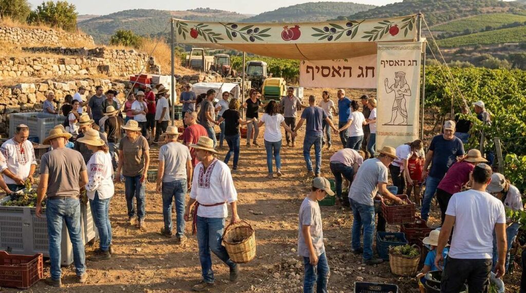 Diverse group picking grapes at a harvest festival in Israel.