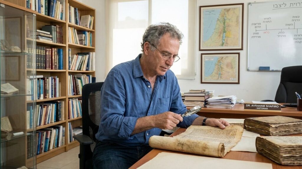 Israeli historian studies ancient scrolls in sunlit office filled with books.