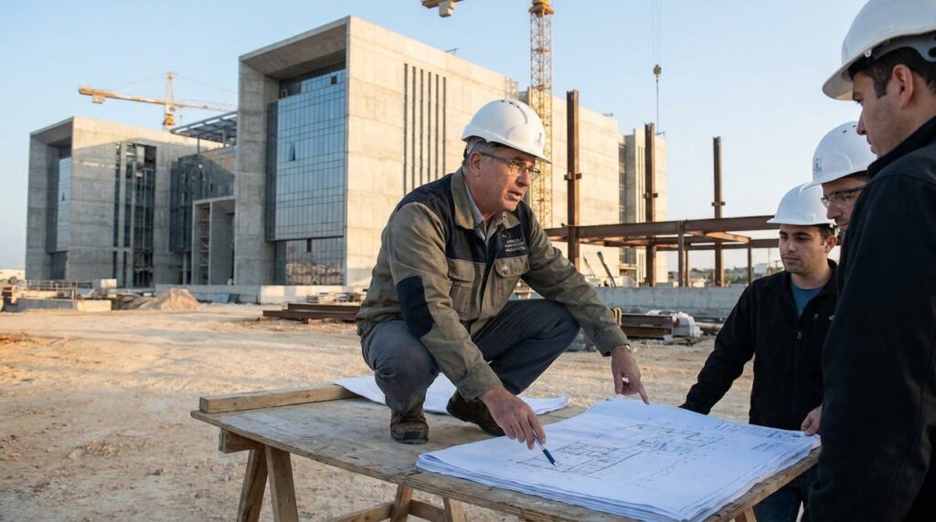 Israeli architect reviews blueprints at construction site of significant building.