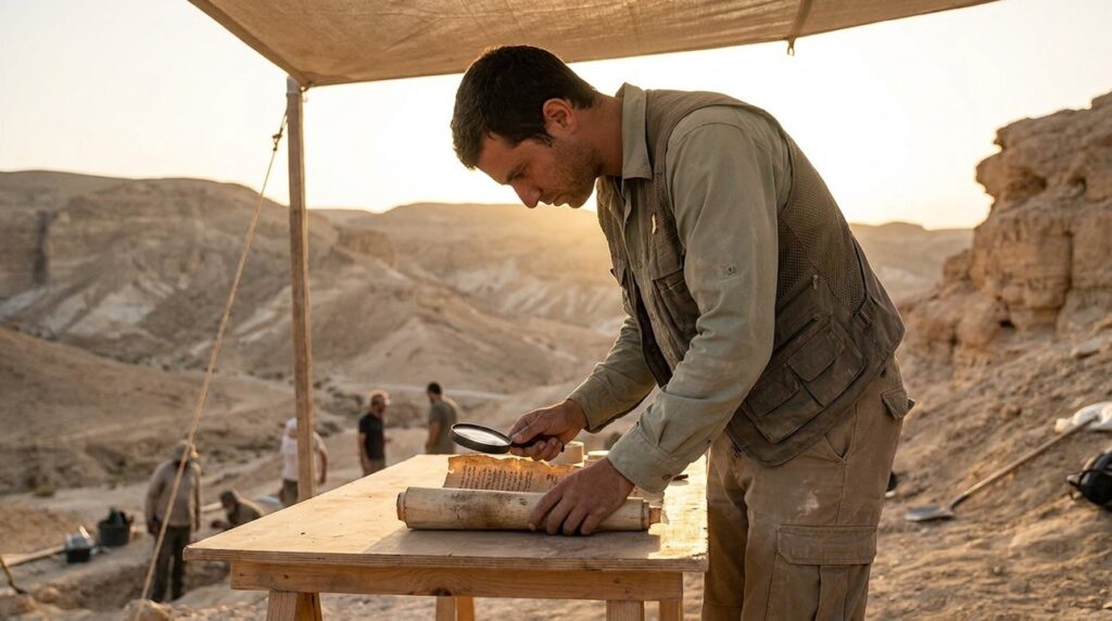 Israeli archeologist examines ancient texts at desert excavation site.