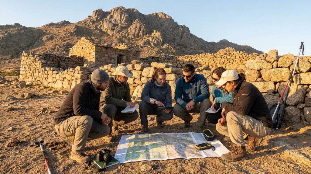 Explorers and archaeologists discussing near Mount Serbal ruins at sunset.