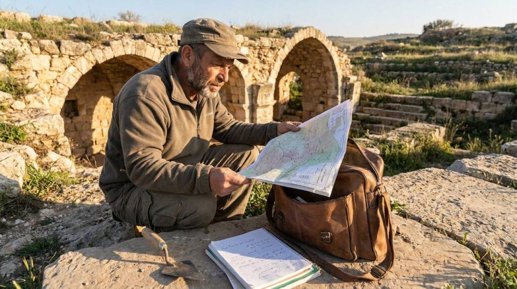 Israeli historian examines map among Mahanaim's ancient ruins at dawn.