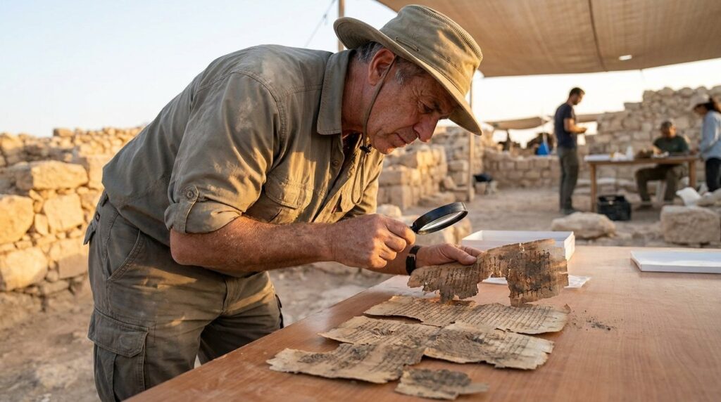 Israeli archaeologist examines ancient manuscripts at historical site in evening light.