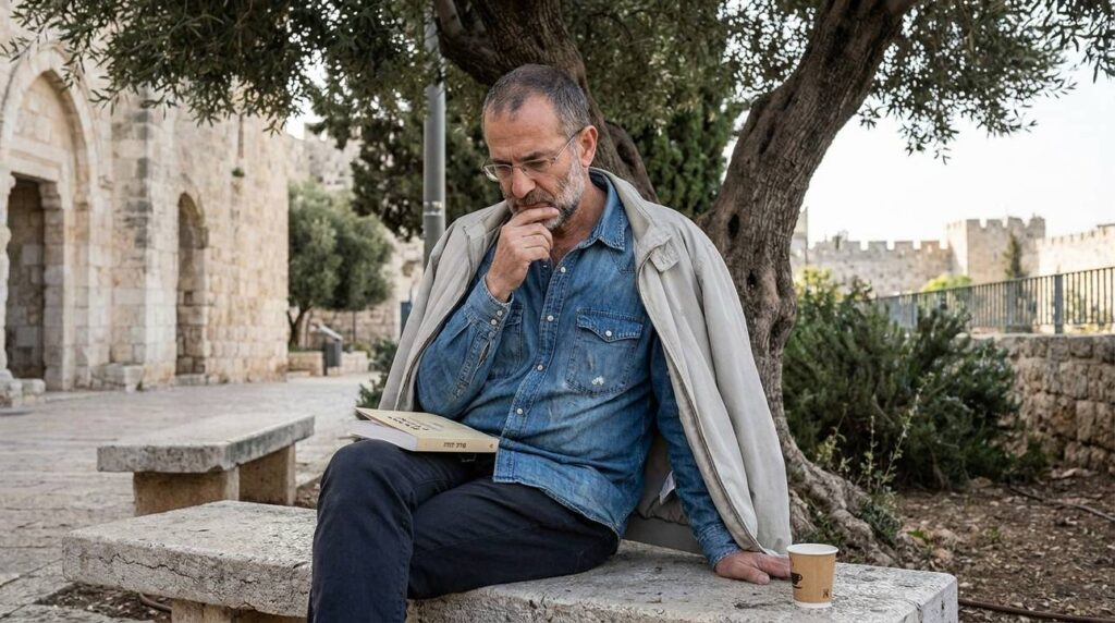 Middle-aged Israeli man reading poetry in a tranquil Jerusalem park.