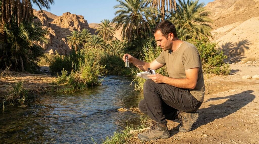 Researcher tests water at Wadi Gharandel oasis, lush and arid backdrop.