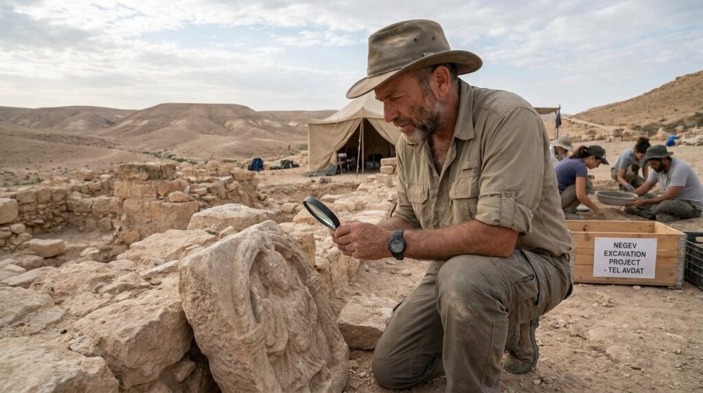 Israeli archaeologist examines ancient ruins in the Negev Desert.