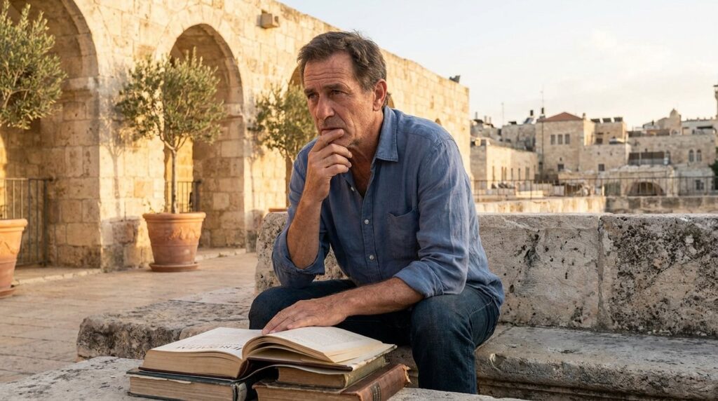 Middle-aged Israeli man reading historical texts outdoors in Jerusalem.