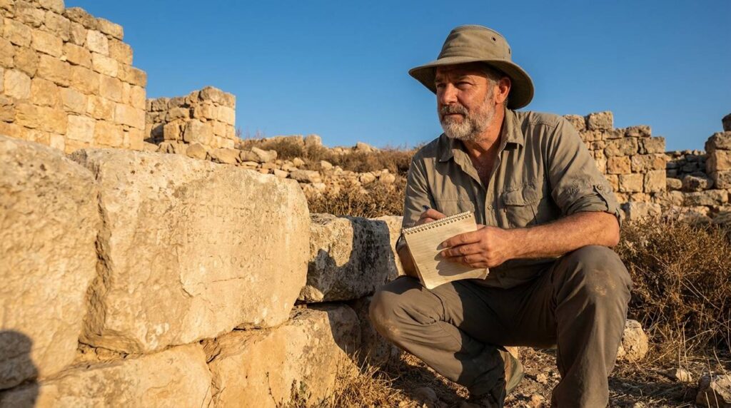 Israeli historian examines ancient ruins at Bezer with notepad.