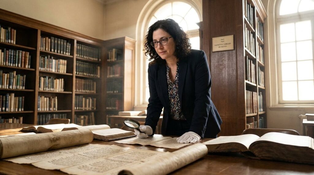 Israeli historian examines ancient manuscripts in a serene library.