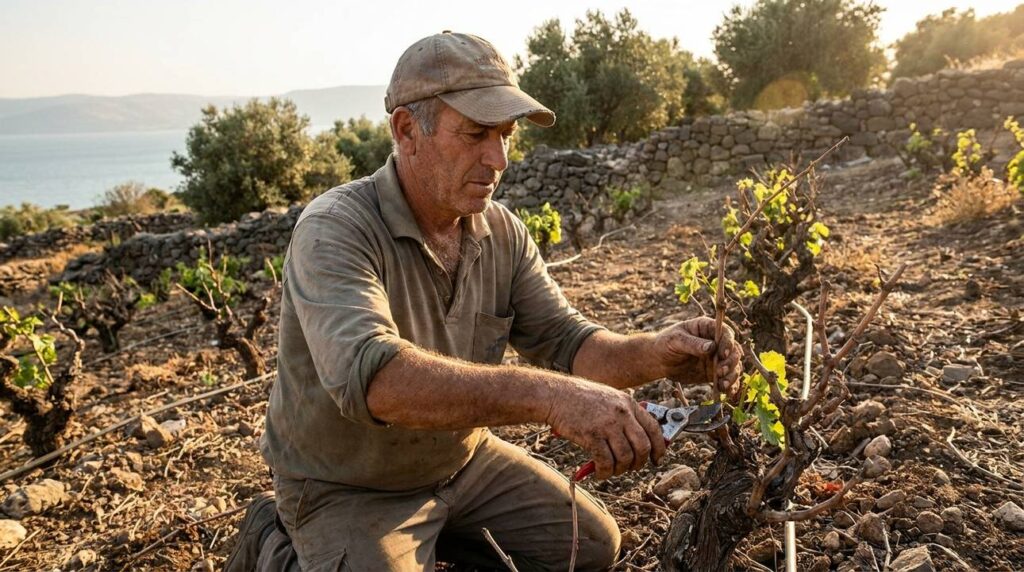 Middle-aged Israeli farmer tending vines in Gennesaret at sunset.