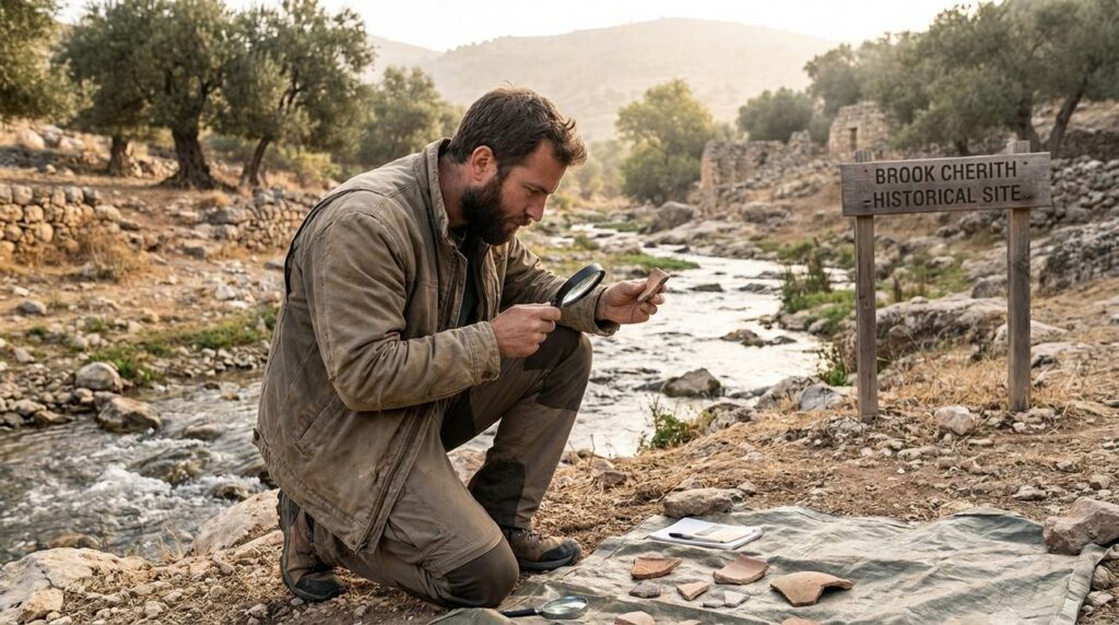 Researcher in outdoor clothing examining artifacts near Brook Cherith in Gilead.