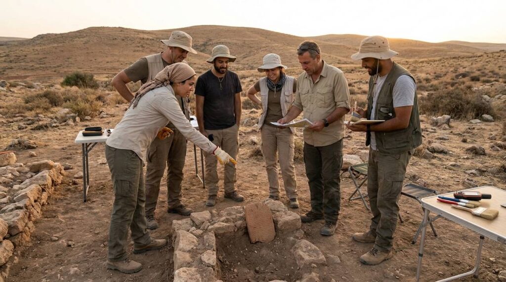 Archaeologists and historians examine ruins at Nahor in evening light.