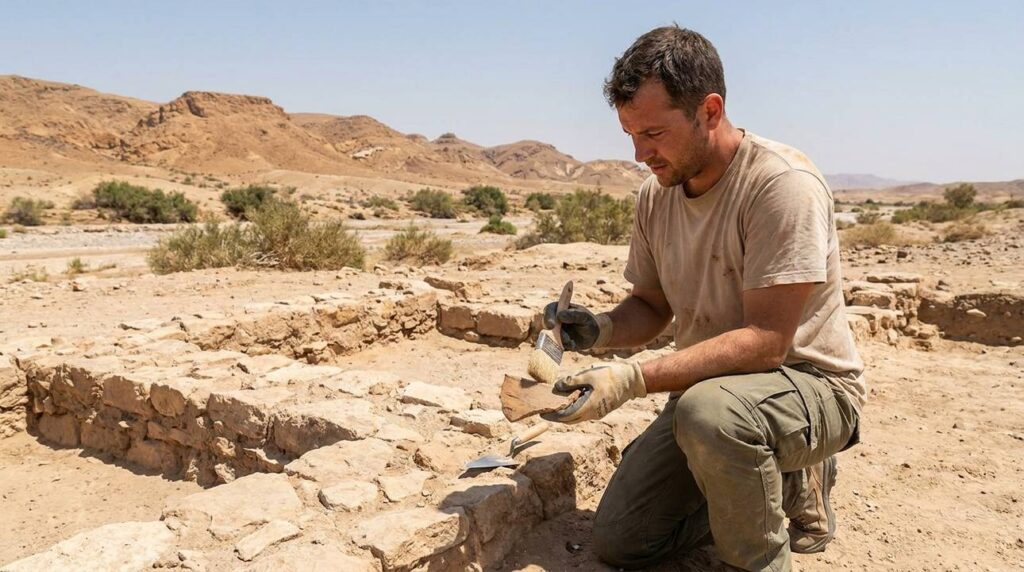 Archaeologist examining ancient ruins in a desert landscape.