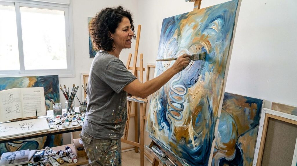 Israeli artist in her 40s painting an abstract canvas in studio.