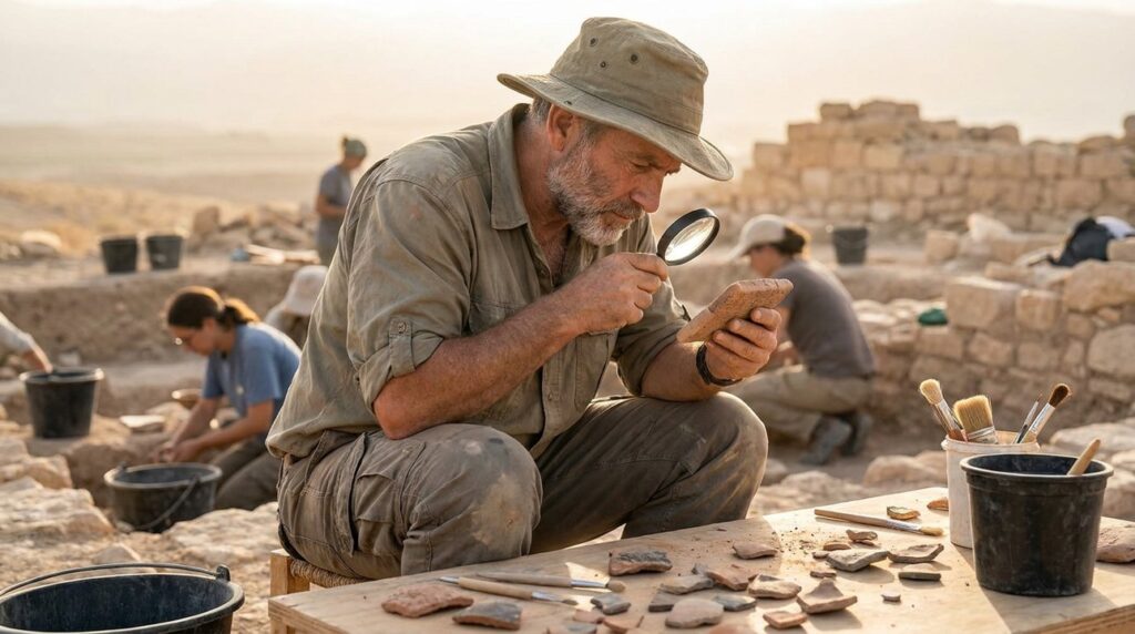 Israeli archaeologist examining artifacts at Achor dig site.
