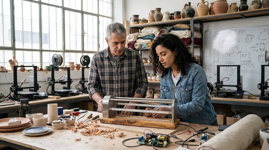 Middle-aged Jewish man and young Arab woman collaborate in workshop.