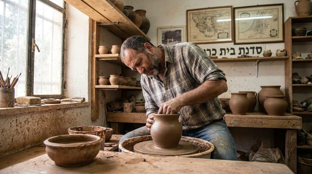 Middle-aged Israeli artisan crafting pottery in a sunlit workshop.