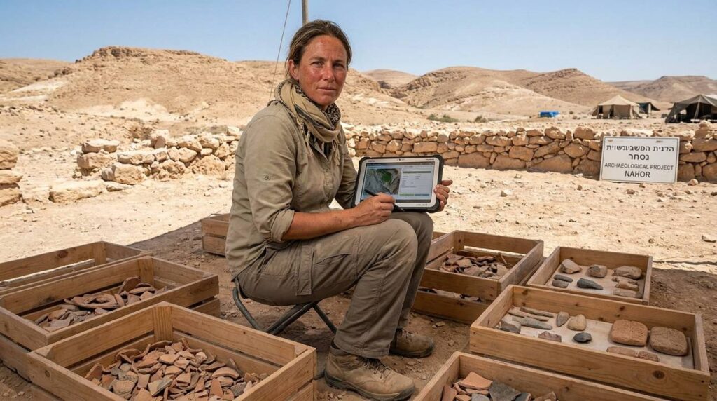 Israeli archaeologist examines artifacts at Nahor, using digital tablet.