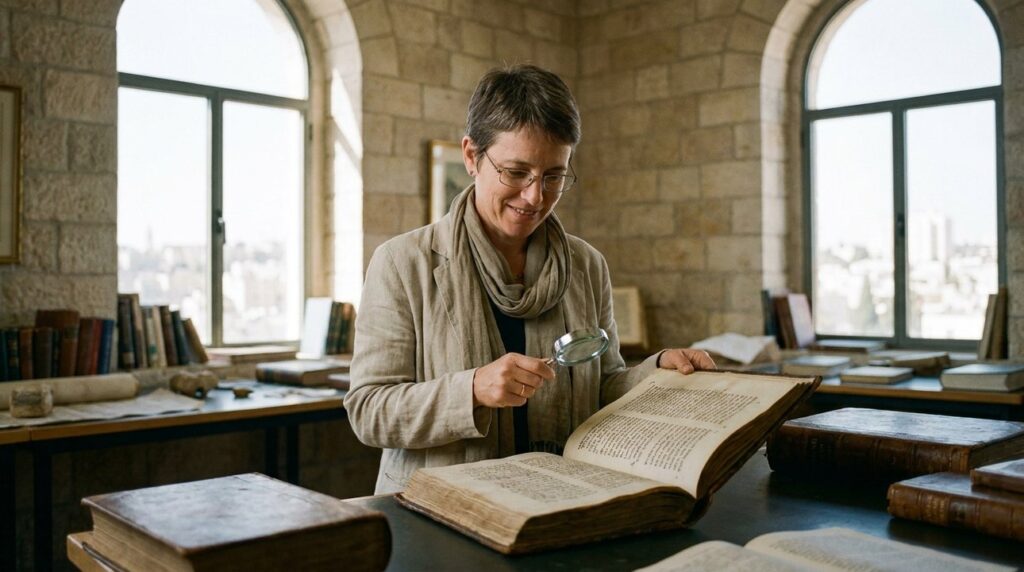 Israeli historian examining ancient manuscripts in Jerusalem library.