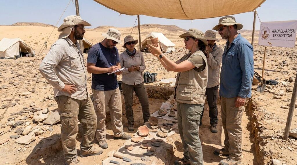 Archaeologists examining ancient artifacts at Wadi el-Arish excavation site.