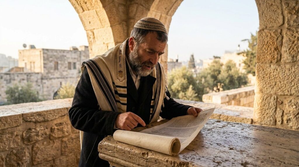 Middle-aged Jewish scholar reading Torah at stone table in Jerusalem.