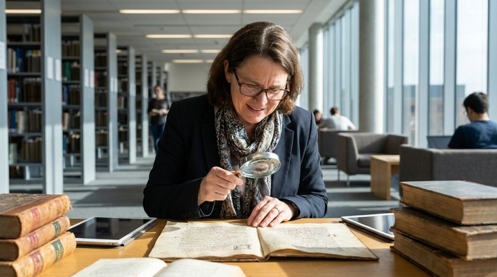 Israeli historian in her 40s studying ancient texts in library.