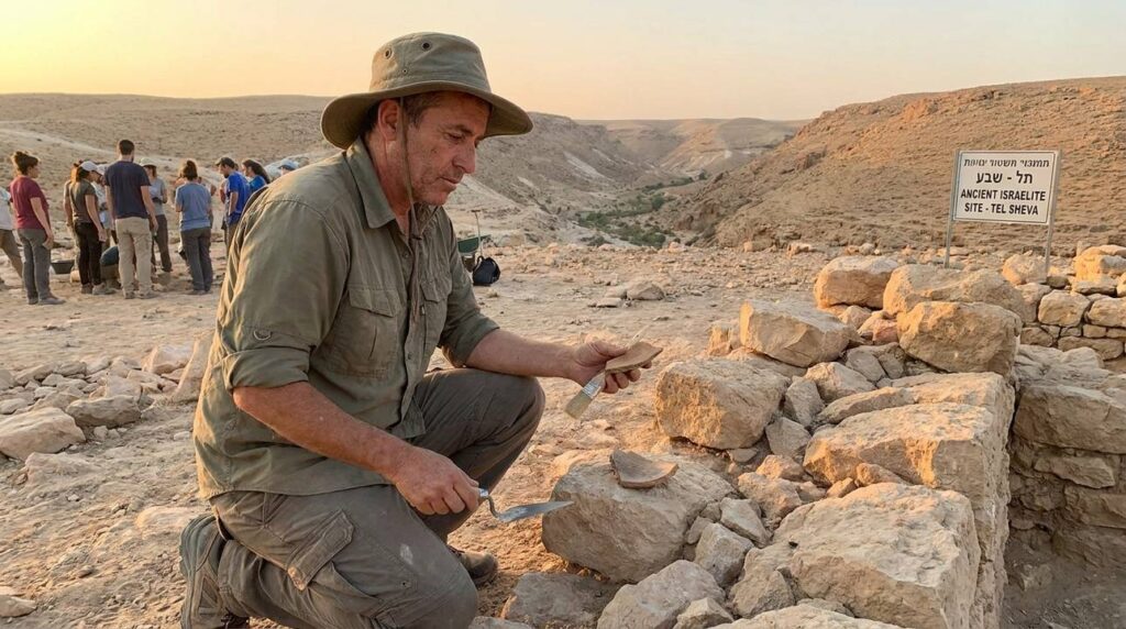 Israeli archaeologist examining ancient ruins in the Negev Desert.