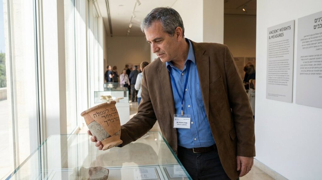 Israeli curator examines ancient measuring tool replica in museum exhibit.