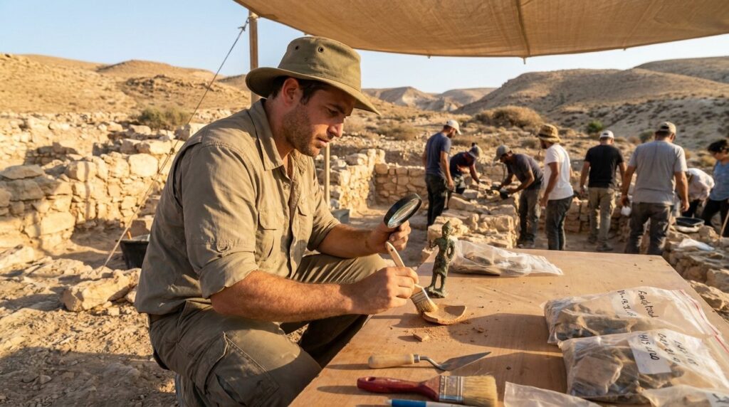 Israeli archeologist examines artifacts at Kushite site in desert.