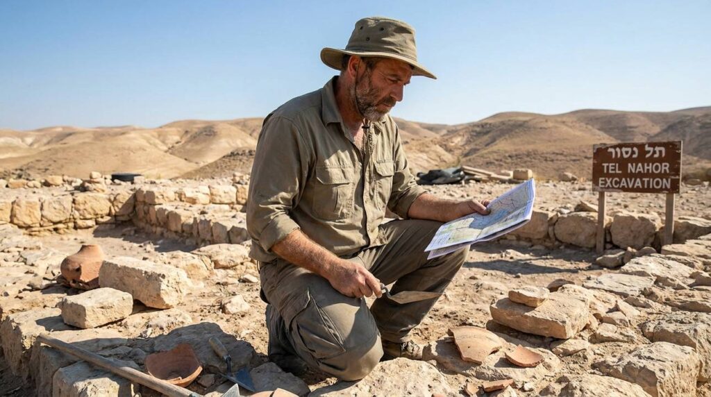 Israeli archaeologist examines ancient ruins with map and tools at Nahor.