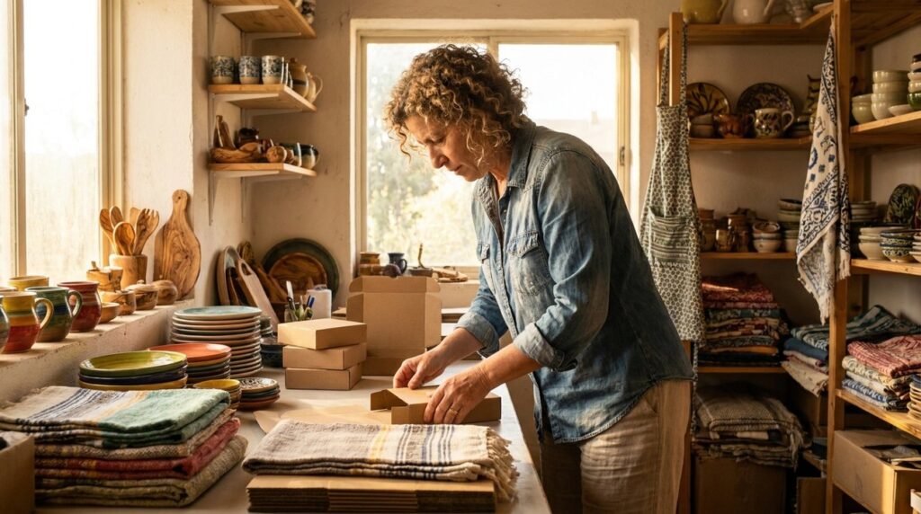 Israeli artisan assembles gift boxes in a workshop with local goods.