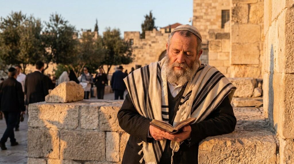 Middle-aged Jewish man in tallit praying at Mount Zion.