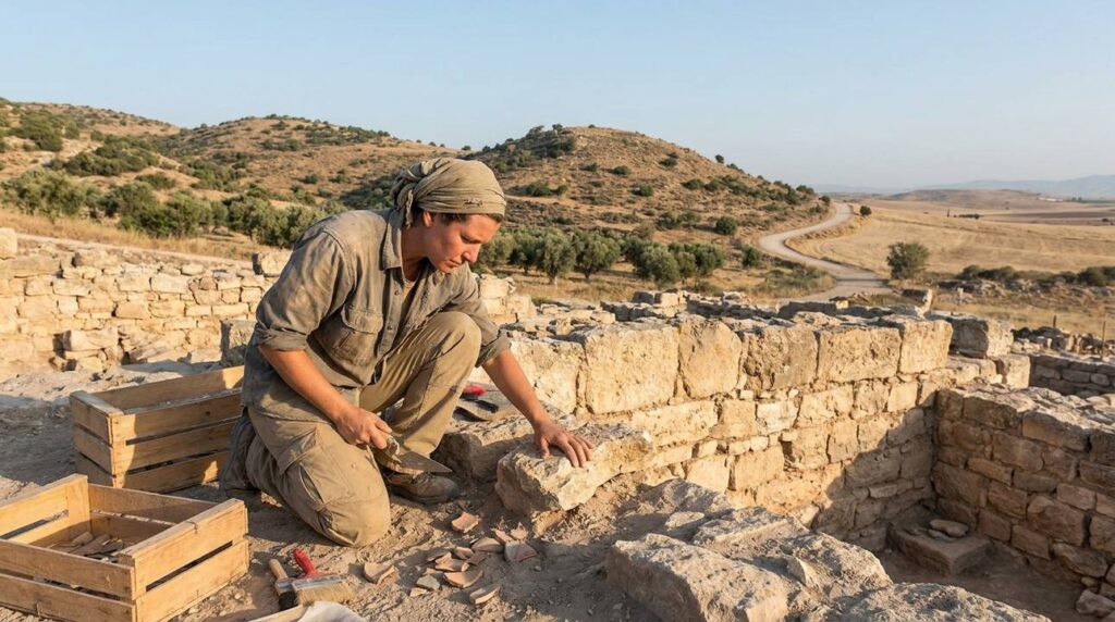 Archaeologist examines ancient ruins at Lystra with tools in soft light.