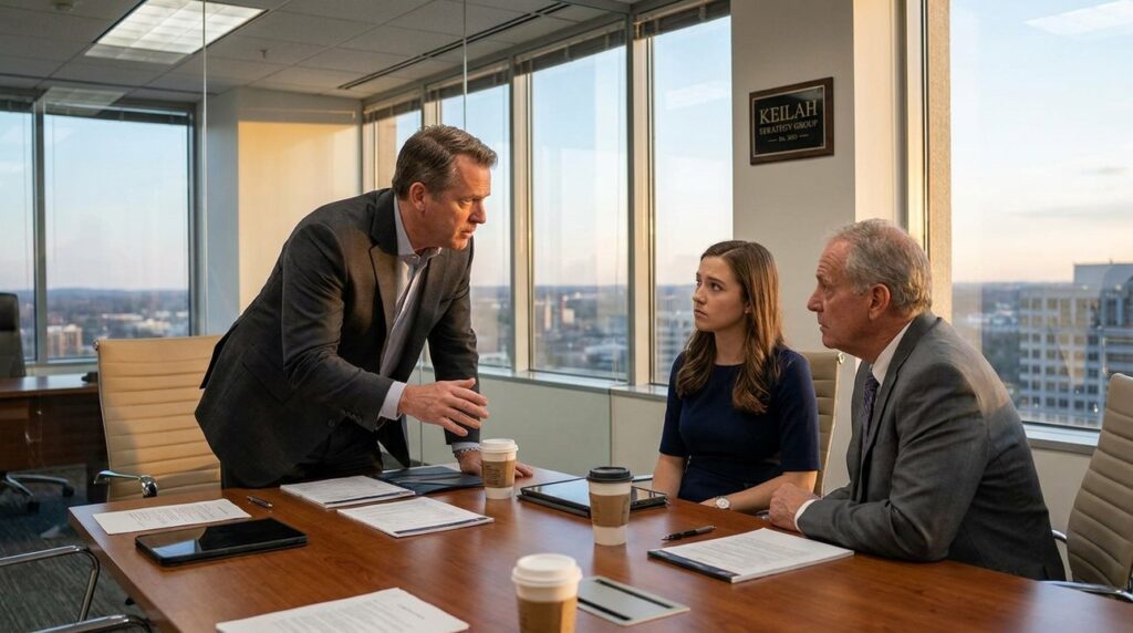 Middle-aged Israeli man discusses intensely with colleagues at conference table.