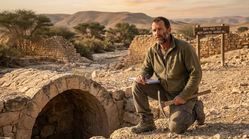 Israeli researcher examines ancient ruins in desert at sunrise.