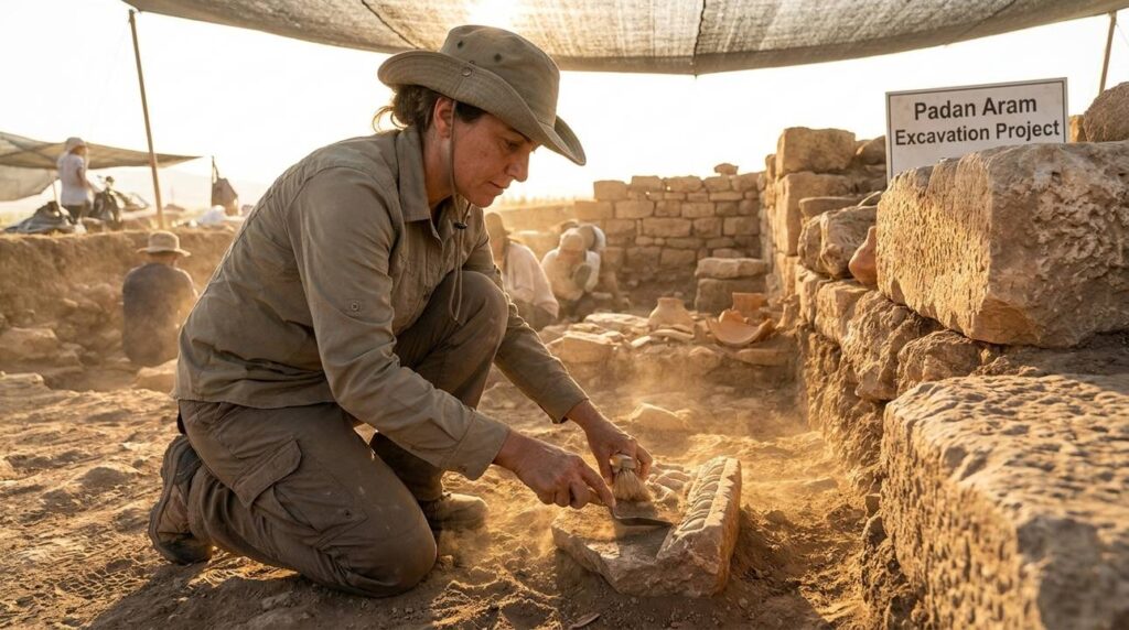 Israeli archaeologist examines ancient ruins in Padan Aram at sunset.