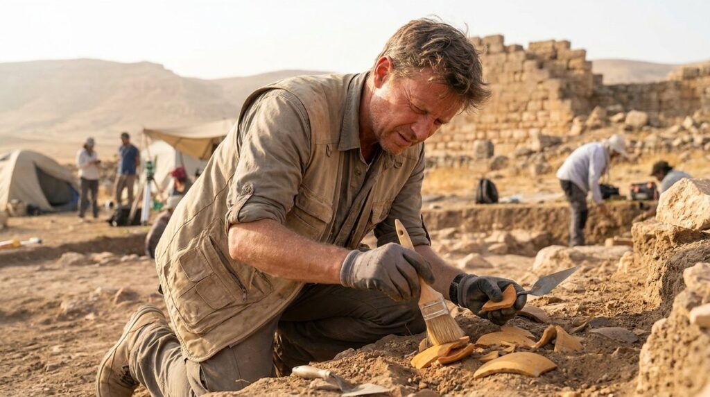 Archaeologist examines ancient pottery at Damascus dig site in morning light.