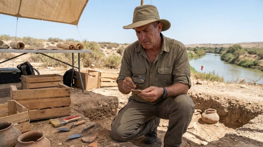 Israeli archaeologist examines artifacts at Chebar River dig site.