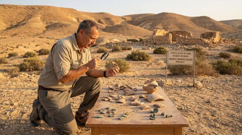 Israeli archaeologist examines artifacts in Negev Desert at sunset.