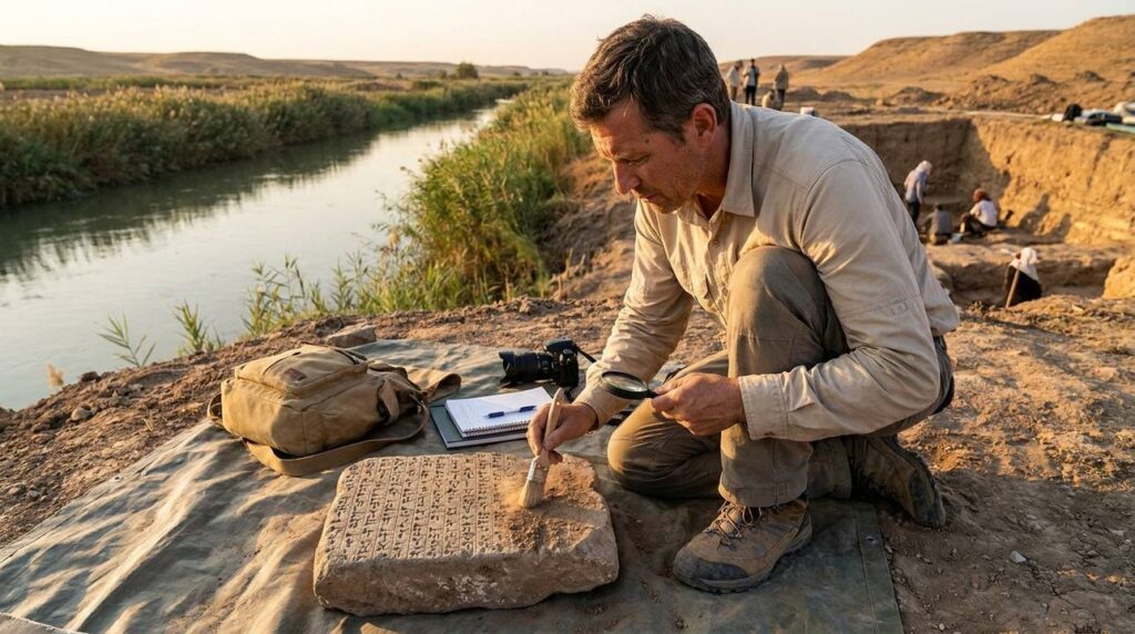 Historian examines ancient inscriptions by river in natural golden light.