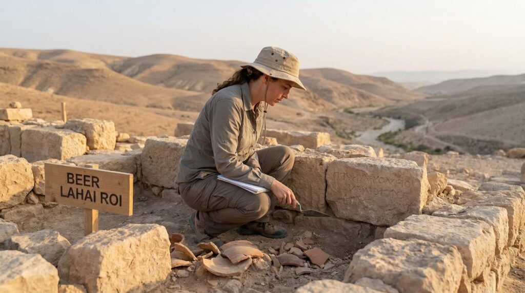 Israeli archaeologist examines ancient ruins in Beer Lahai Roi desert.