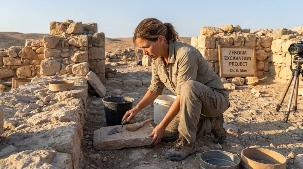 Israeli archaeologist examines ancient ruins at Zeboiim with tools nearby.