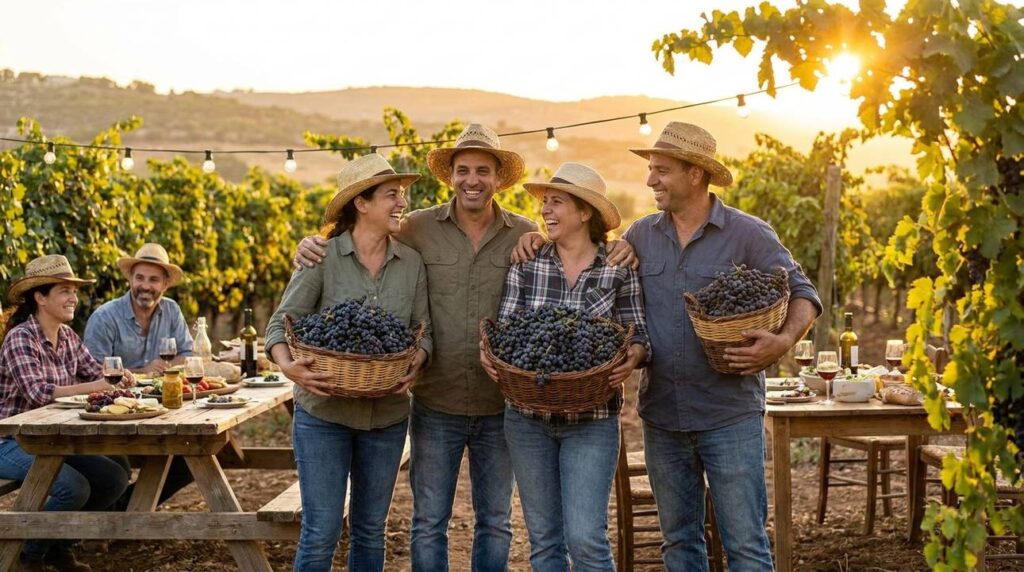 Diverse Israeli farmers celebrating harvest in a vineyard, sharing grapes.