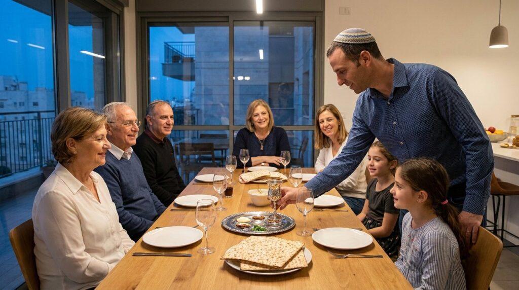 Middle-aged man placing Elijah's Cup on Seder table during Passover.