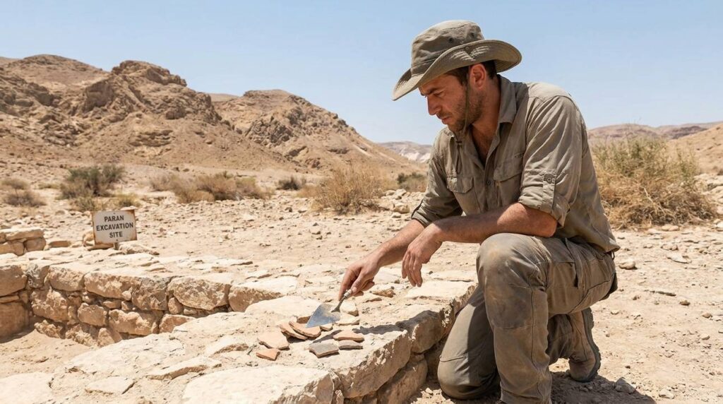 Israeli archaeologist examines ancient ruins in the Paran desert.