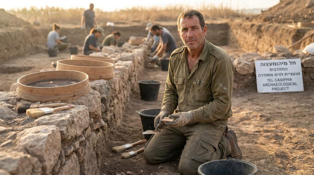 Archaeologist examines artifacts at Casiphia dig site.