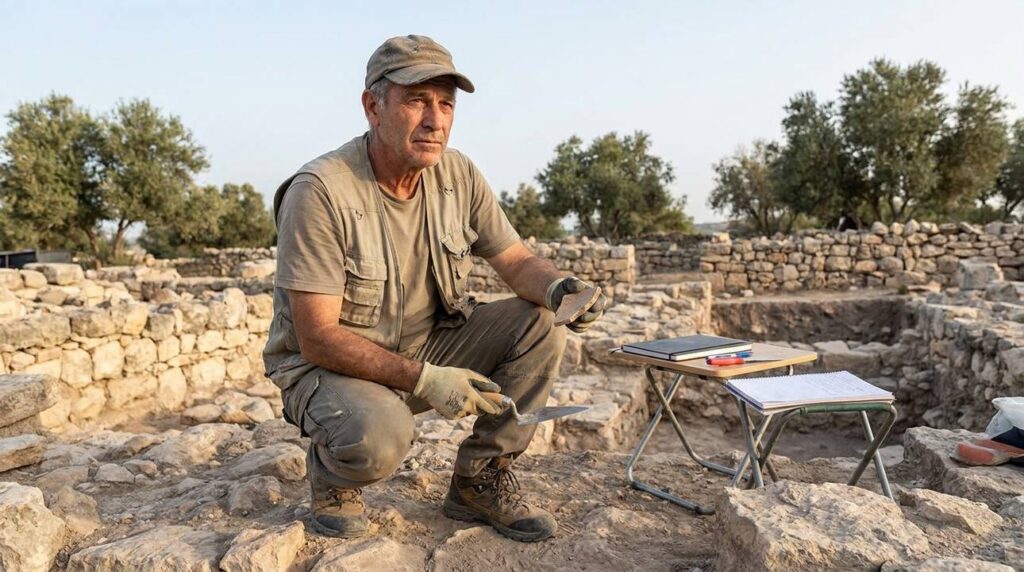 Israeli historian examines artifacts at Moresheth-Gath archaeological site.