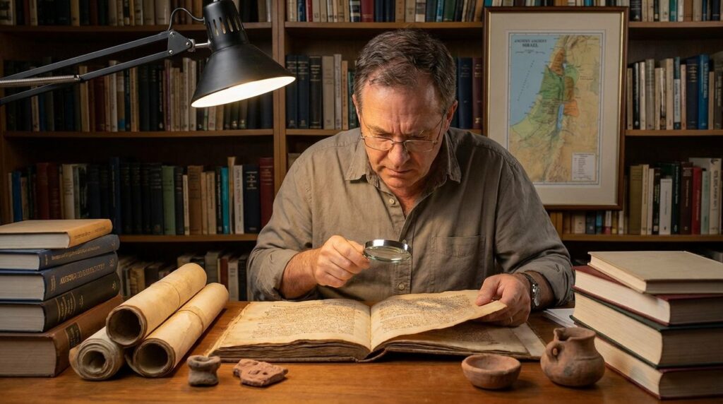 Israeli historian studying ancient texts in a private, book-filled study.