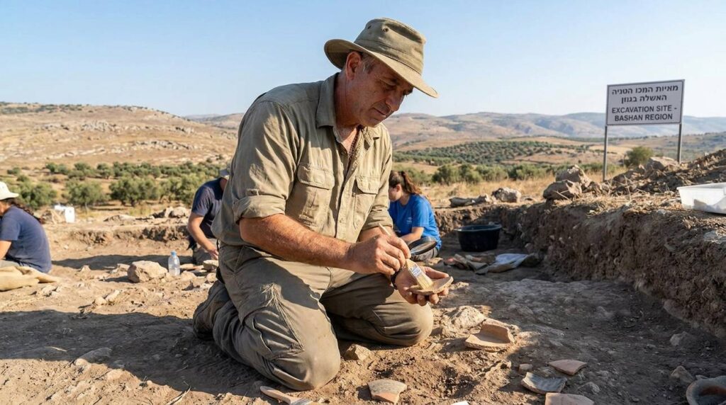 Israeli archaeologist examining artifacts at a dig site near Bashan.